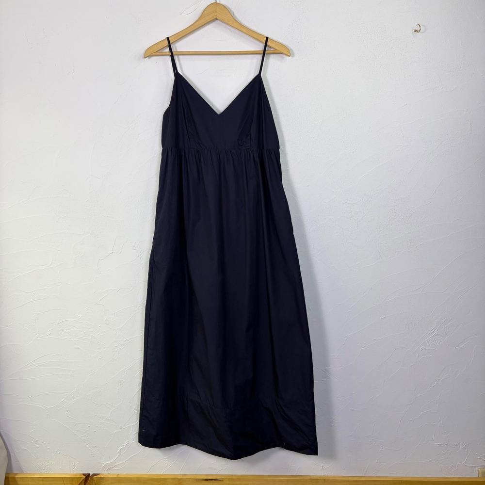 New Quince Maxi Dress Women M Navy Blue Organic Cotton Sleeveless Smocked Pocket